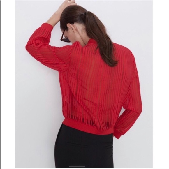 Zara Red Organza Bomber Jacket New With Tags - Picture 2 of 4